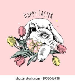 Cute Bunny with the tulip flowers and egg. Easter card, Humorous composition, hand drawn style print. Vector illustration.