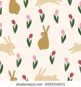 cute bunny in Tulip  flowers garden hand drawn seamless pattern vector for decorate invitation greeting birthday party celebration wedding card poster banner textile wallpaper paper wrap background