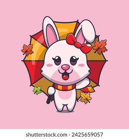 Cute bunny with umbrella at autumn season. Mascot cartoon vector illustration suitable for poster, brochure, web, mascot, sticker, logo and icon.