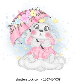 cute bunny with umbrella over the sky nursery watercolor illustration