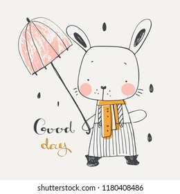 Cute Bunny with umbrella.cartoon hand drawn vector illustration. Can be used for baby t-shirt print, fashion print design, kids wear, baby shower celebration greeting and invitation card