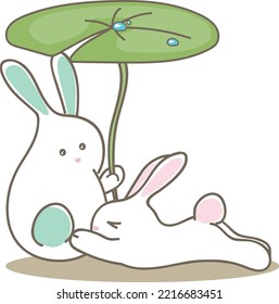 Cute Bunny under Lotus Leaf, Vector Illustration of Two Cute Rabbits Cartoon Character.  