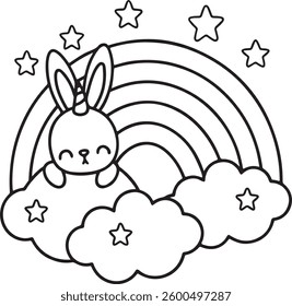 Cute Bunny Unicorn Coloring Page – Easy and Fun Printable for Kids – Adorable Kawaii Rabbit with Rainbow and Stars – Simple Outline for Toddlers and Beginners