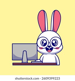 Cute Bunny Using Computer – Adorable Rabbit Tech Cartoon Illustration