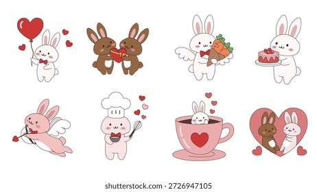 Süße Hase Valentine Vektor-Set mit Schokolade, Kuchen, Herzen und Amor