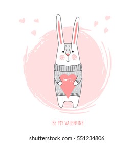 Cute bunny. Valentines Day card with cartoon rabbit holding a heart. Vector illustration.