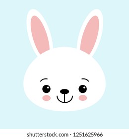 Cute bunny vector graphic icon. White rabbit animal head, face illustration. Isolated on blue background