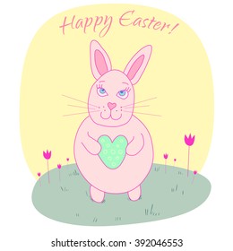 Cute bunny vector greeting card. Pink rabbit with hart. Happy Easter greeting card. 