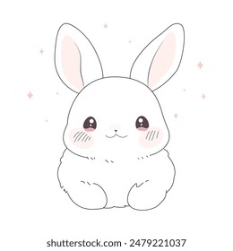 Cute bunny vector. Hand drawn vector. Outline rabbit on white background. White and pink bunny sitting on the ground. Cartoon animal. Sketch style design for t-shirt. Soft colors, Easter day bunny.