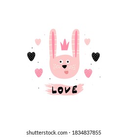 Cute bunny
vector illustration. Funny cartoon animal. Can be used for kids or babies t-shirt design. Pink teddy bear with hearts. Love - handwritten text.