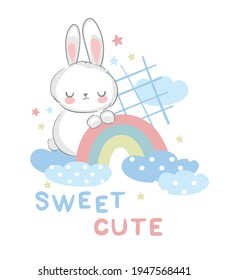 Cute Bunny vector illustration hand drawn rabbit with rainbow design print for t-shirt