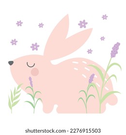 Cute bunny vector illustration. Cute hand drawn spring bunny with flowers. Cute and beautiful rabbit for happy easter holiday. Vector illustration of a bunny for easter