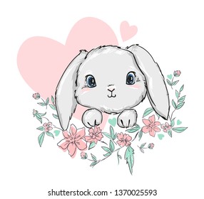 Cute Bunny vector illustration. print design rabbit, children print on t-shirt.   