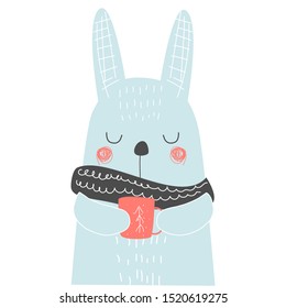 Cute Bunny. Vector illustration for printing on postcards, packaging paper, clothes, dishes, holiday products.