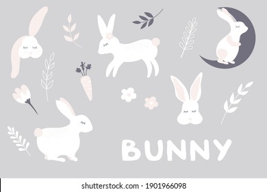 Cute-Bunny-Vektorgrafiken Set. Osterhasen, süße Kindergrafik, Kindergarten