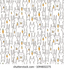 Cute Bunny Vector Pattern Background. Funny Doodle. Handmade Vector Illustration.