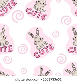 Cute bunny vector pattern on pastel pink background. Vector illustration