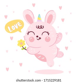 Cute bunny vector rabbit horn cartoon give flower blossom love season: Series Kawaii animal Girly doodles sweet pet, illustration of pastel magic Children Nursery decoration, hand drawn. Perfect kid.