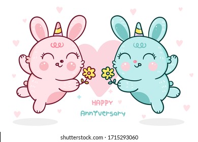 Cute bunny vector rabbits horn cartoon give flower blossom anniversary couple love season: Series Kawaii animal Girly doodles sweet pet zoo, illustration of pastel magic Children Nursery decoration.