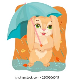 Cute Bunny walks in the rain with a blue umbrella. Autumn entertainment. Cheerful rabbit. Vector illustration on a white background.
