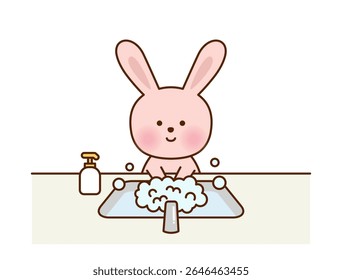 Cute Bunny Washing Hands – Hygiene Education Vector