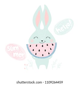 Cute bunny with watermelon print. Hello summer slogan. Sweet rabbit with fruit. Fashion child vector. Cool scandinavian illustration for t-shirt, kids apparel, invitation design