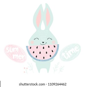 Cute bunny with watermelon print. Summer time slogan. Sweet rabbit with fruit. Fashion child vector. Cool scandinavian illustration for t-shirt, kids apparel, invitation design