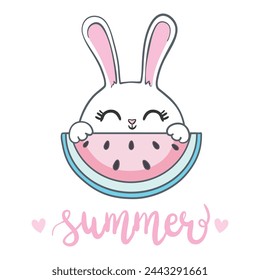 Cute bunny with watermelon summer time print. Sweet rabbit with fruit. Fashion child vector. Cool illustration for t-shirt, kids apparel, invitation design