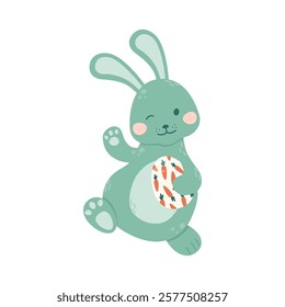 Cute bunny waves its paw and holds a painted egg. Funny rabbit. The vector illustration is isolated on a white background. Flat style.