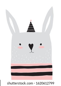 Cute Bunny Wearing Black Party Hat with Pink Pompom and Pink-black Sweater. Lovely Nursery Art with Funny Rabbit on a White Background. Lovely Illustration for Card, Invitation Wall Art. Easter Bunny.