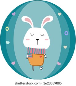 Cute bunny is wearing bright orange clothes on a blue background.