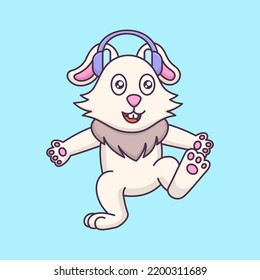 Cute bunny wearing headphones while dancing cartoon animal vector icon illustration