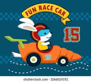 Cute bunny wearing helmet car racer driving carrot car. Vector cartoon illustration