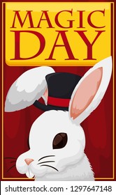 Cute bunny wearing a magician top hat presenting a fantastic trick over a curtain to celebrate Magic Day.