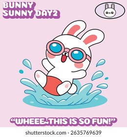 Cute bunny wearing pink goggles jumping into the pool with a big splash. A fun and energetic summer illustration, perfect for kids designs, stickers, and seasonal graphics.