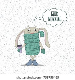 cute bunny wearing a scarf with coffee.  Hand drawn graphics. Animal vector illustration. character design for apparel