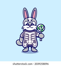 cute bunny wearing skeleton halloween costume and carrying lollipop, perfect for halloween t-shirt design and cute animal halloween icon