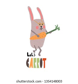 Cute bunny wearing star glasses plays carrot guitar. Letâ€™s carrot card design. Rock rabbit. Isolated on white background - Vector