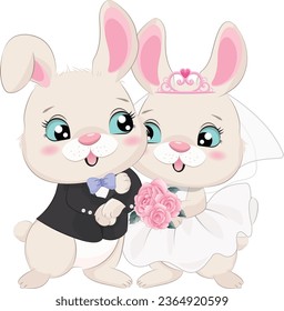 Cute bunny with wedding clothes, just married