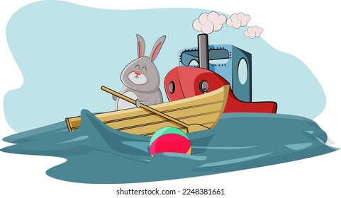 A cute bunny went to the open sea on a boat to get the ball that floated away