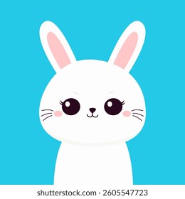 Cute Bunny. White rabbit hare face head silhouette. Funny kawaii doodle animal. Happy Easter. Cute cartoon funny pet character. Ear, eye, cheeks. Flat design. Blue background. Vector