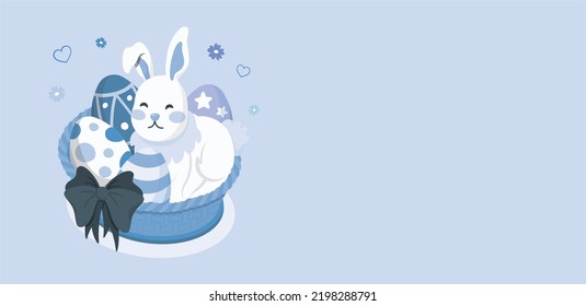 Cute bunny and wicker basket with colorful Easter eggs. Easter - Cute Bunny With Decorated Eggs. Cartoon rabbit sitting on Easter basket. vector illustration