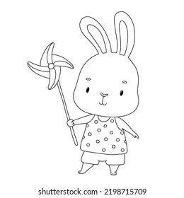 Cute bunny with wind spinner toy. Lovely outline rabbit illustration for coloring book. Hare with clothes character isolated on white svg