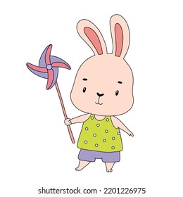 Cute bunny with wind spinner toy. Lovely rabbit illustration for nursery t shirt, kids apparel, invitation. Hare with clothes character isolated on white svg