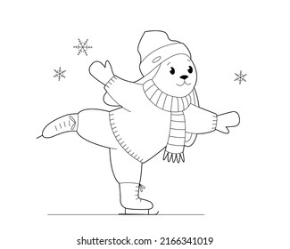 Cute bunny in winter clothes is skating. Design element or a page of children's coloring book	