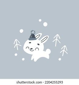 Hermoso conejito en el bosque invernal. Feliz Navidad. Impresión vectorial para habitación infantil, tela, papel, tarjeta de felicitación, postal, tarjeta, camiseta, afiche, textil. Ilustración del vector