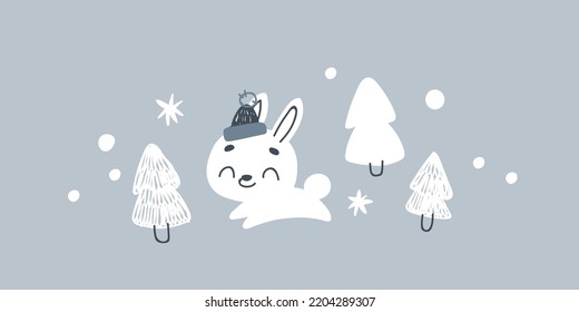 Cute bunny in winter forest. Merry Christmas. Vector print for children room, fabric, paper, greeting card, postcard, card, t shirt, poster, textile. Vector illustration