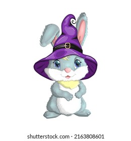 Cute Bunny in witch hat with pumpkin, broom, potion. Happy Halloween festival concept. Year 2023 hare mascot character.