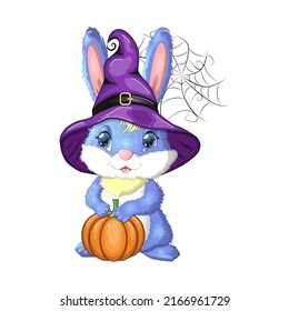 Cute Bunny in witch hat with pumpkin, broom, potion. Happy Halloween festival concept. Year 2023 hare mascot character.