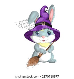 Cute Bunny in witch hat with pumpkin, broom, potion. Happy Halloween festival concept. Year 2023 hare mascot character.